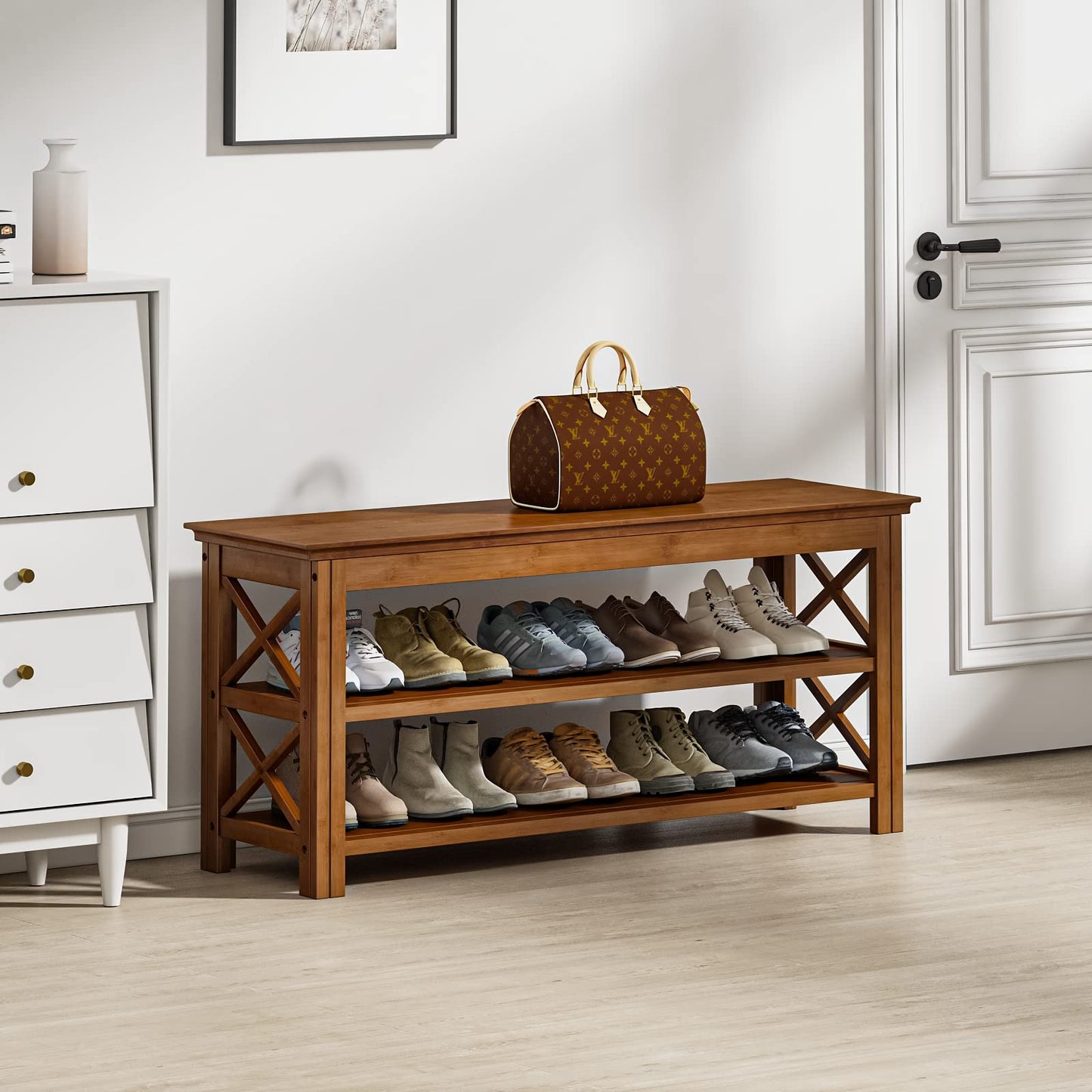 Bamworld Shoe Bench with Storage 3 Tier Bamboo Shoe Benche Entryway Rustic Solid Wood Entryway Bench (X-Brown,39.4")