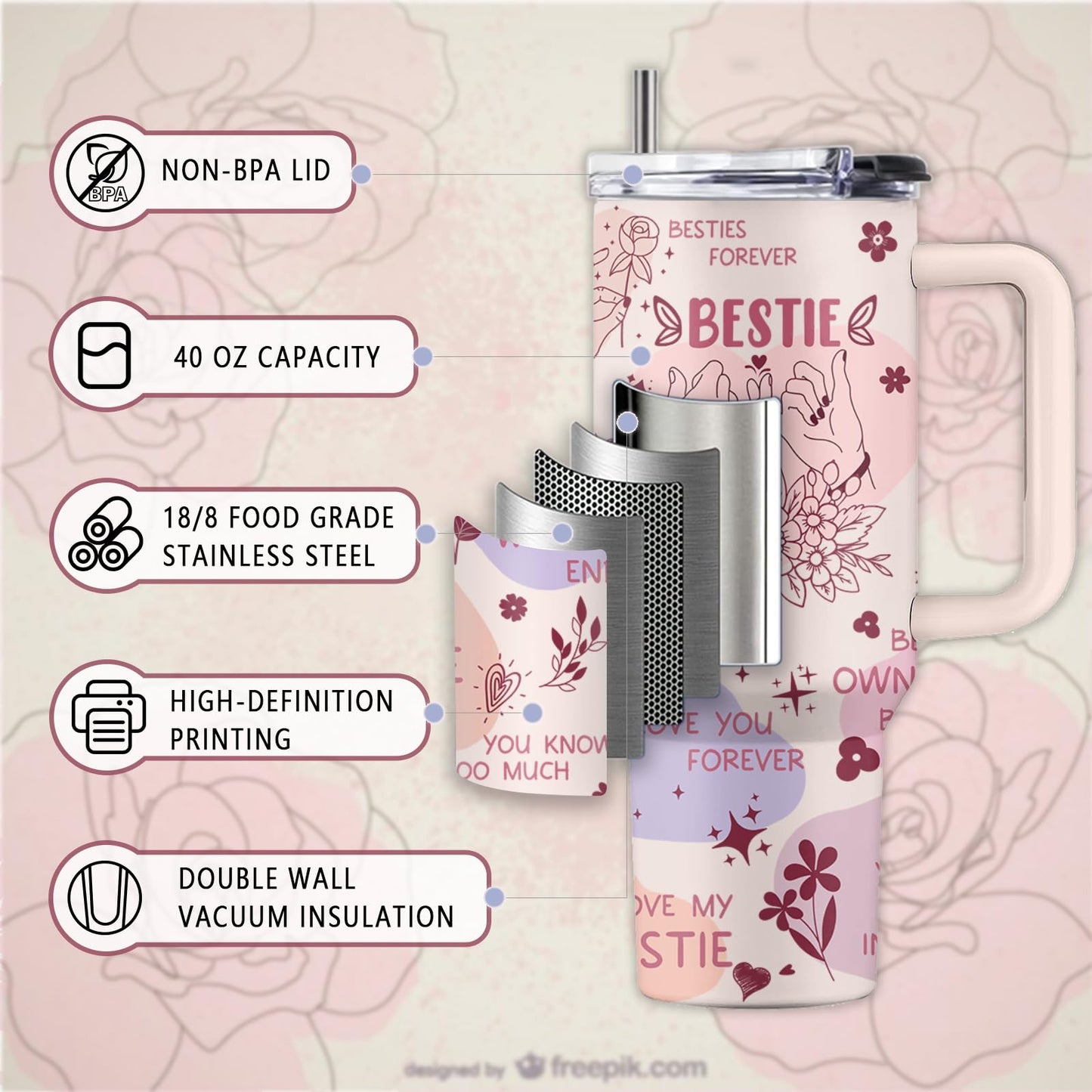 Uibunoo Bestie Gifts for Women, 40 Oz Bestie Stainless Steel Tumbler with Handle & Straw, Friends Tumbler, Bestfriend Gift, Bestfriend Birthday Gift, Friends Cup for Her Women Bff Female, 1 PCS