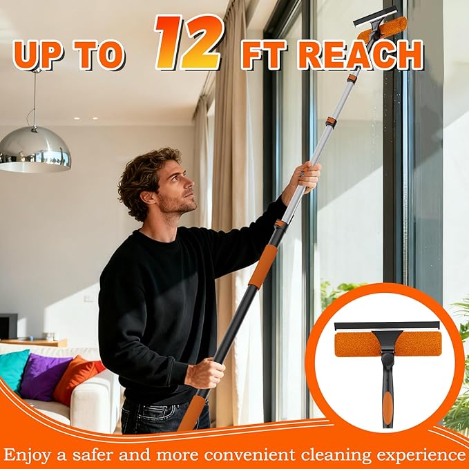 20FT Reach Window Squeegee with Extension Pole, 2-in-1 Professional Window Washing Kit for Home, Indoor Outdoor Squeegee with Rotatable Head for High Windows