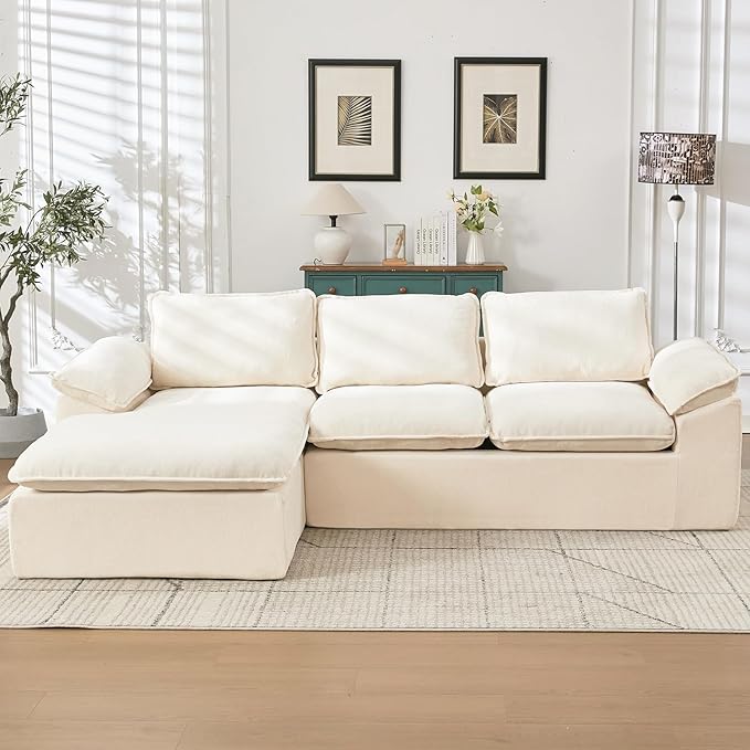 YAAREE 105.6”L Shape Modular Sectional Couch for Living Room, Modern Cloud Sectional 3 Seat Sofa with Oversized Chaise, Woven Texture Upholstery Boneless Couch (Beige, Left Facing Chaise)