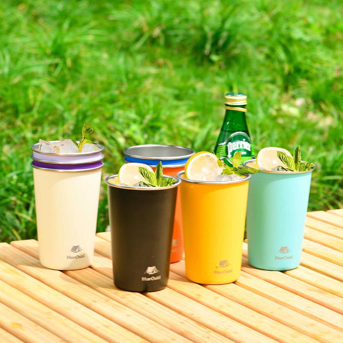HurOutd 4 Pack Stainless Steel Cups 16oz - Colorful Stackable Metal Drinking Glasses for Camping, Travel, Shatterproof Tumblers