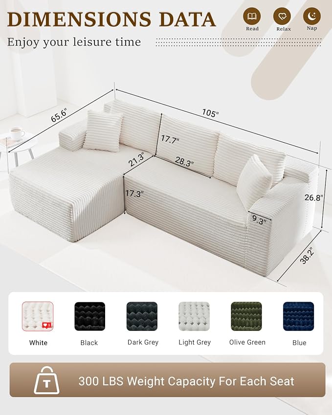 105 Inch Modular Sectional Sofa,Modern Cloud Sectional Couch with Deep Seat,Corduroy Boneless Couches with L-Shape Chaise for Living Room Bedroom,No Assembly Required (White, Left Facing Chaise)