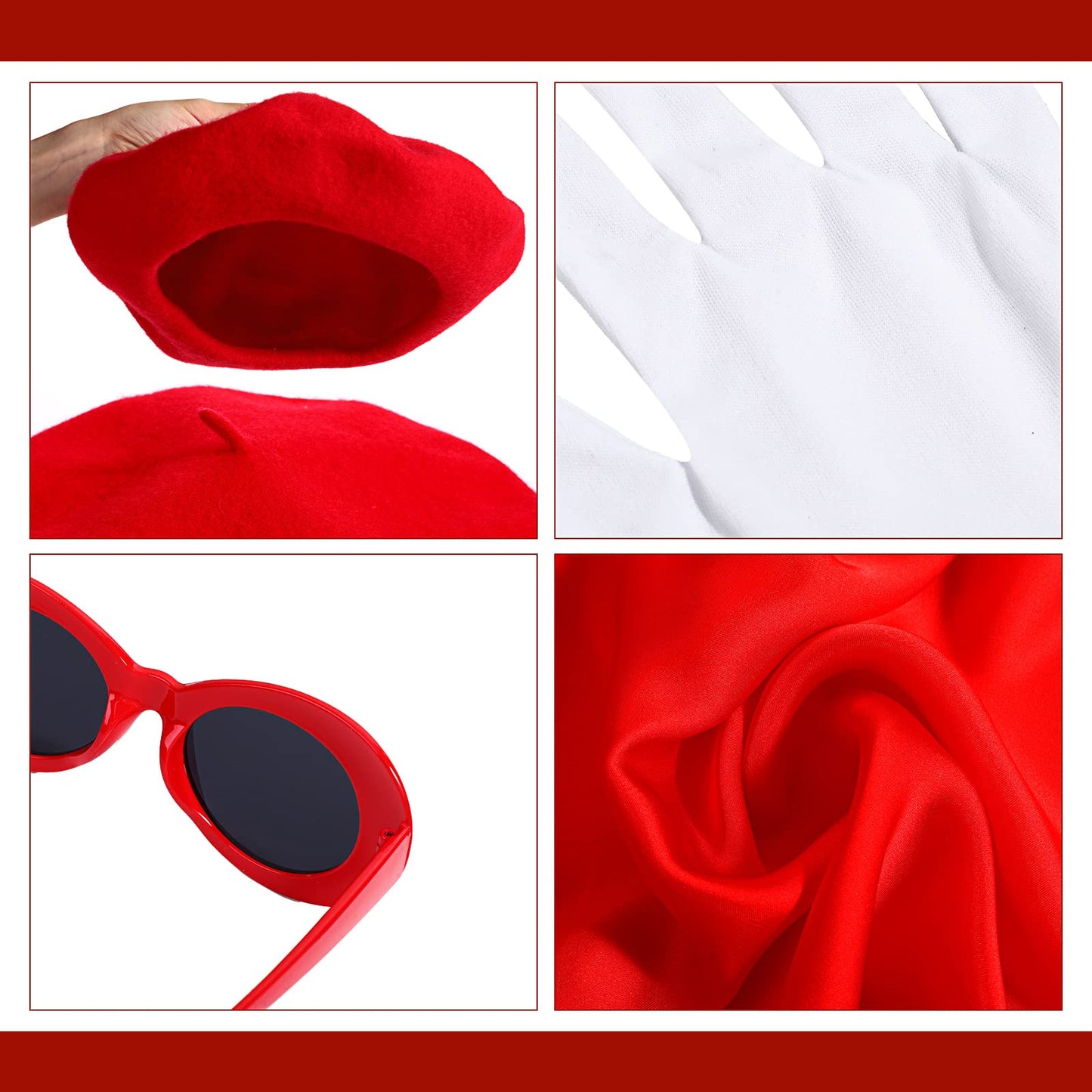 Zhanmai French Mime Artist Costume Set for Women Red Beret Sunglasses Neck Scarf Gloves Suspenders for Costume Party(M)