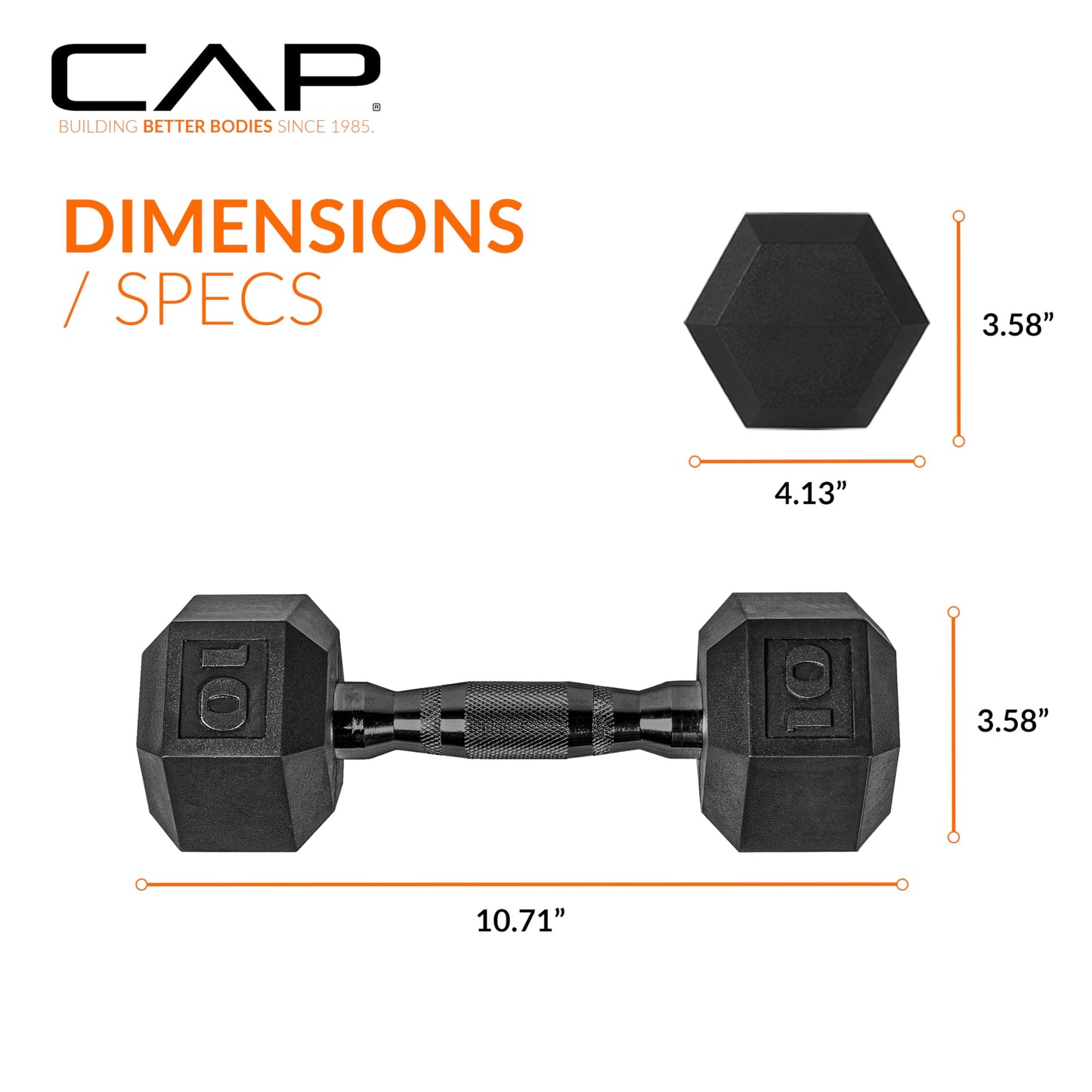 CAP Barbell 10 LB Rubber Coated Hex Dumbbell Hand Weight - Single | Black Handle