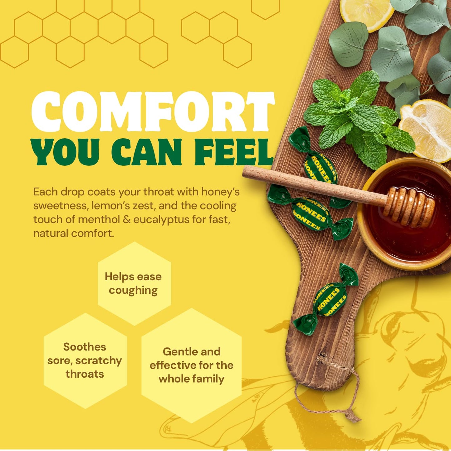 Honees Filled Honey Lemon Cough Drops- Filled with Honey, Menthol, Lemon and Eucalyptus - Nothing Artificial -Natural Sore Throat Lozenges- Non-GMO (12 Pack – 240 Drops)