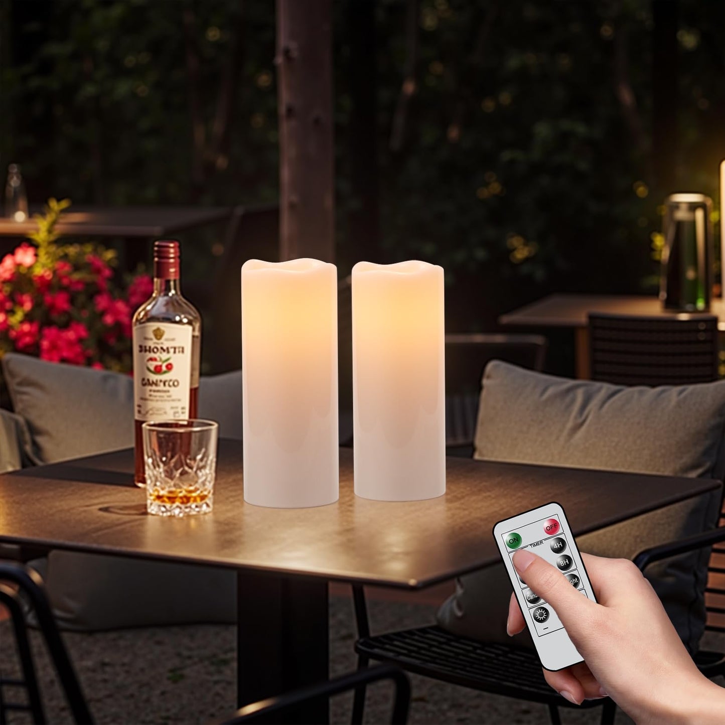 Eldnacele 4"×10" Large Waterproof Outdoor Flameless Candles Remote and Timer, Battery Operated White Plastic LED Flickering Pillar Candles 2 Pack for Dinner Wedding Porch Garden Lanterns Home Decor