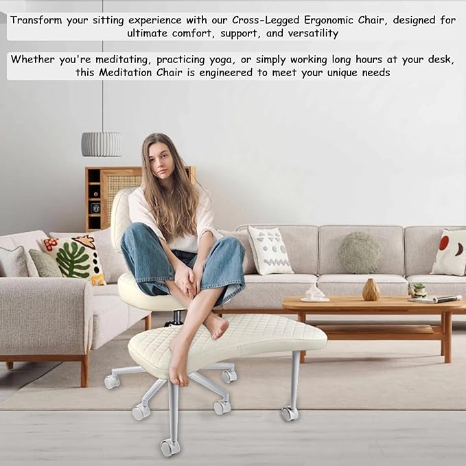 Meditation Chair Cross Legged Chair with Wheels Criss Cross Chair ADHD Desk Chair for Adults with Back Support Wide Squatting Kneeling Chair Adjustable Height for Office, Home, Yoga (White)