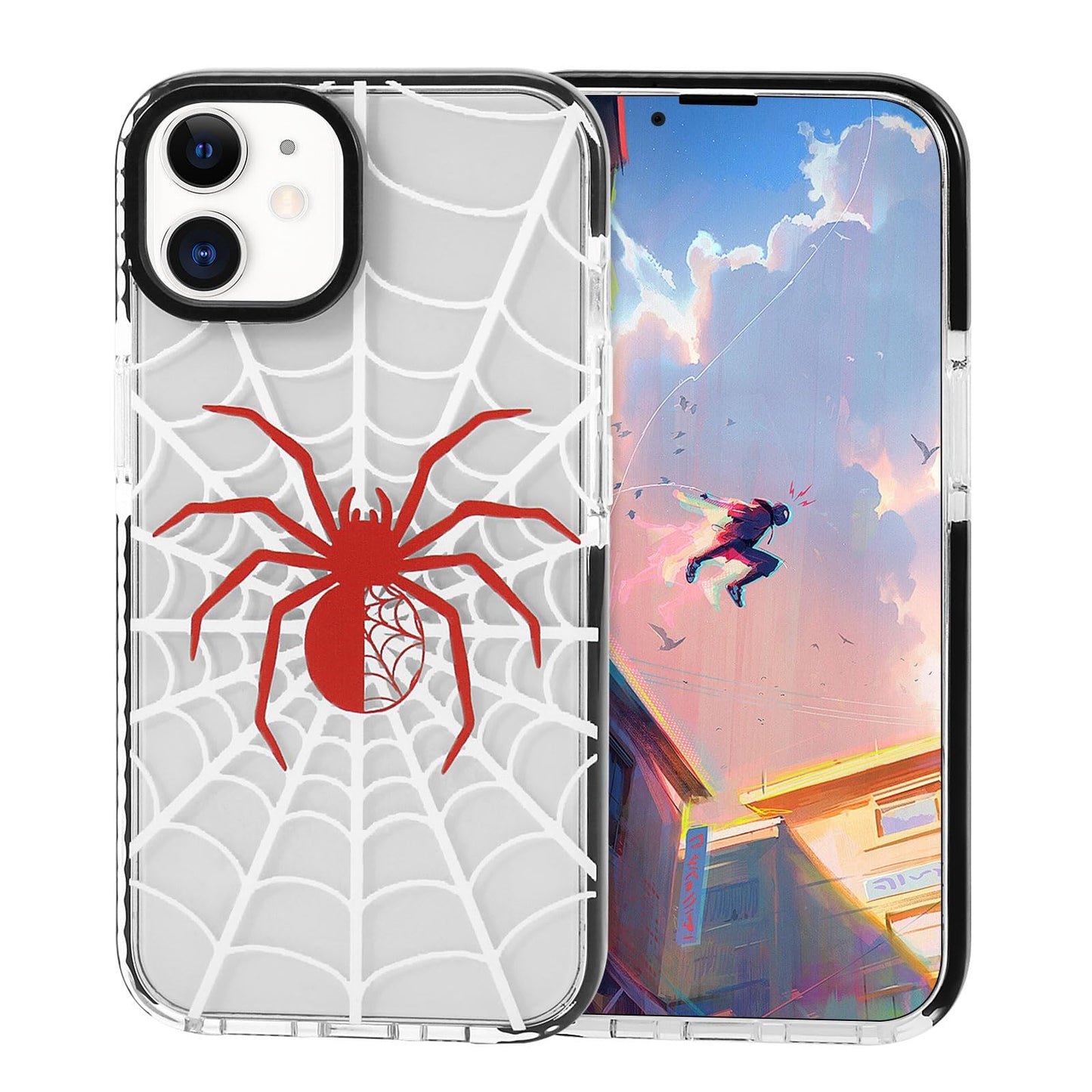 Yebowe Compatible with iPhone 12 Case, Cool Spider Web Print Design for Women Girls Boys Men Gift, Clear Cute Anime Style Bumper
