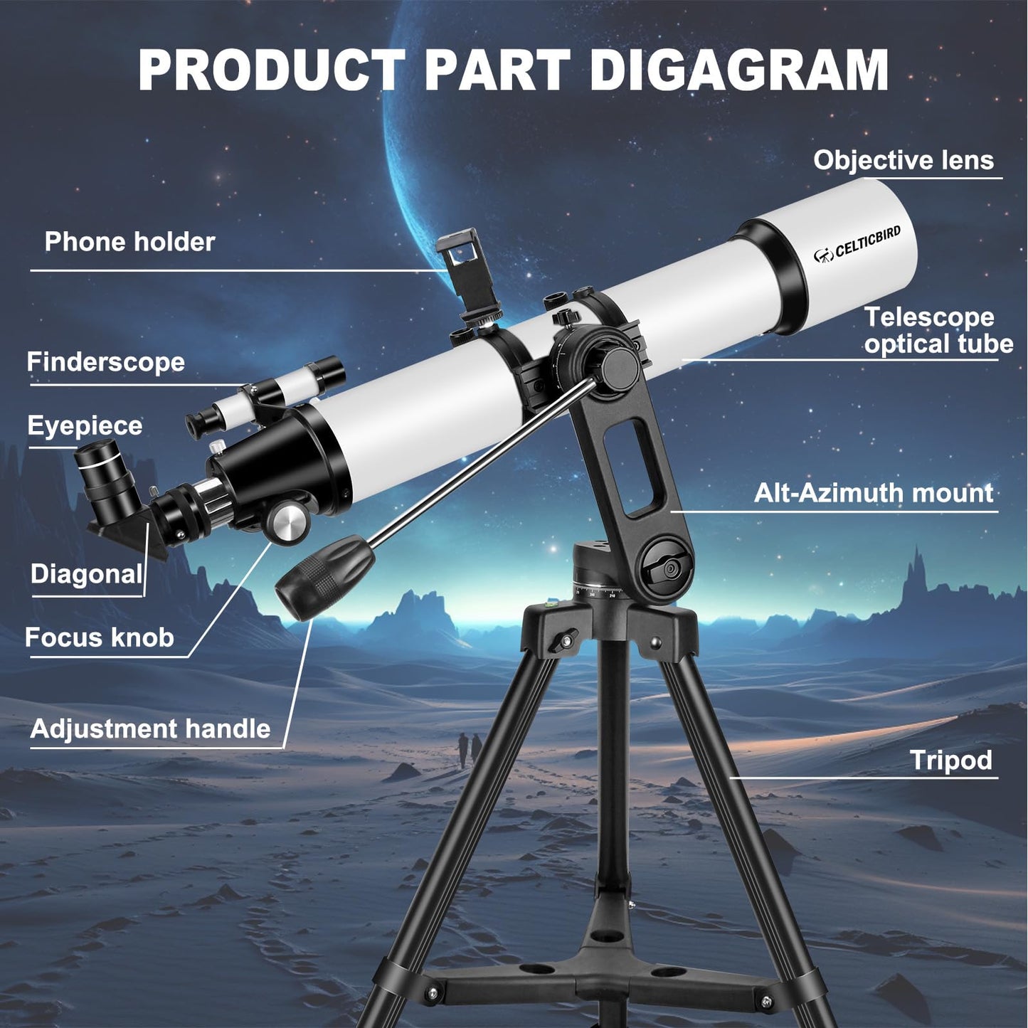90mm Aperture 800mm Refractor Telescope for Adults High Powered Telescopes for Astronomy Beginners – Professional AZ Mount Tripod, HD Optics, Phone Adapter
