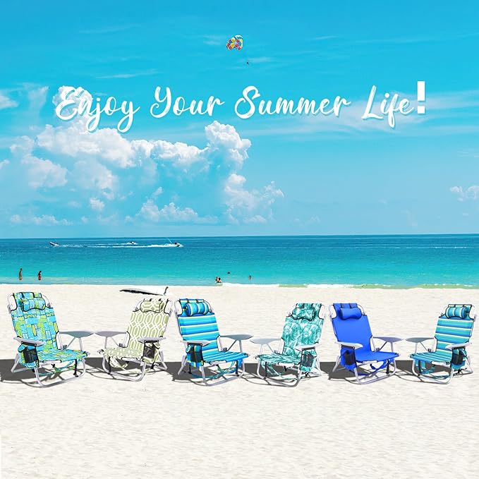 Canpsky Portable Beach Chair for Adults, Outdoor Camping Chair Lay Flat Folding Backpack Beach Reclining Chair with 5 Positions, Headrest, Cup Holder, Heavy Leaf