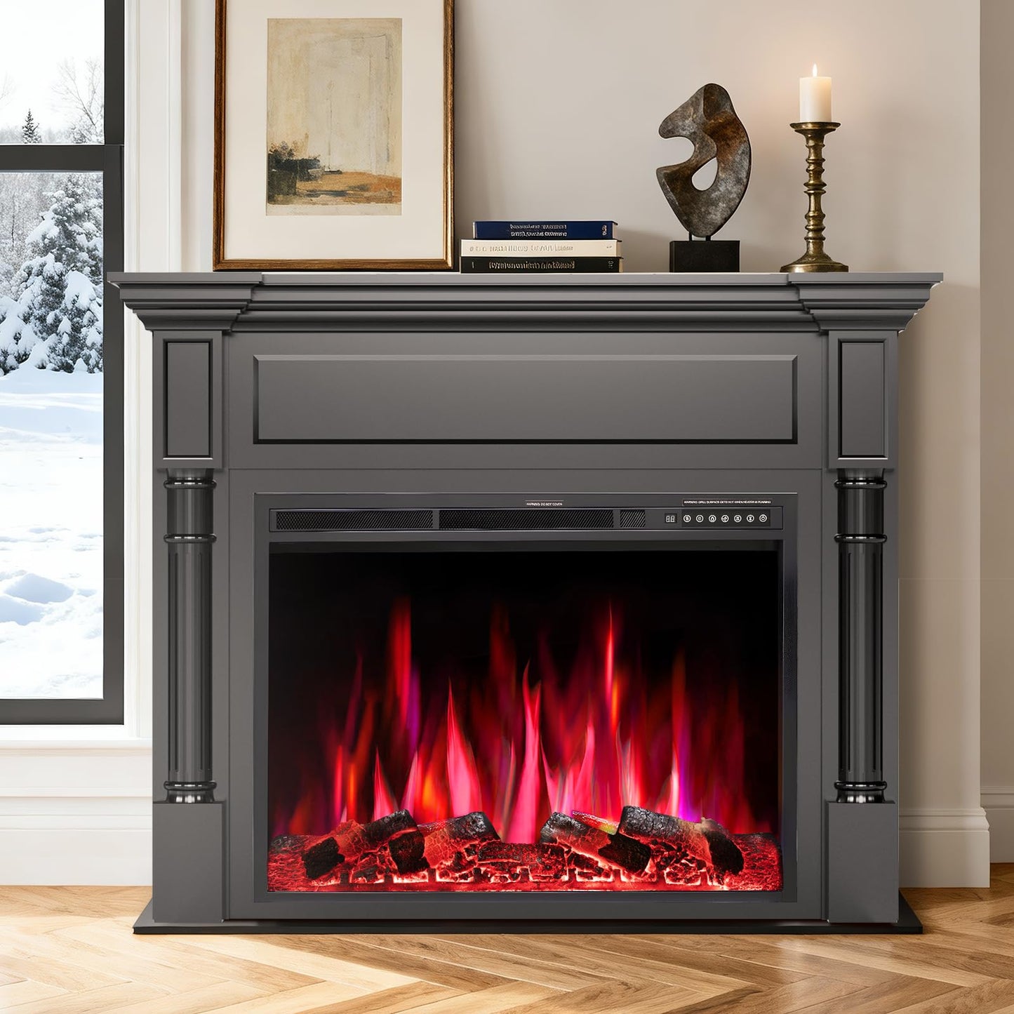 55in Electric Fireplace with Mantel, TV Stand with Freestanding Electric Fireplace, Remote Control, 12 Color Adjustable Flame, 1-8H Timer, 750W/1500W Black