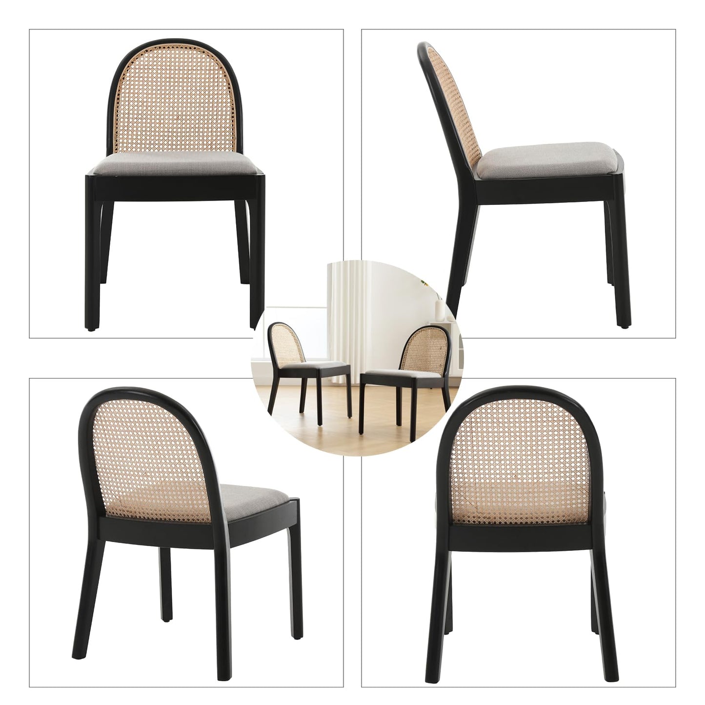 DUOMAY Mid-Century Modern Rattan Dining Chairs Set of 4, Wooden Dining Room Chair with Cane Backrest and Padded Seat, Grey Linen Upholstered Dining Chair, Black Finish