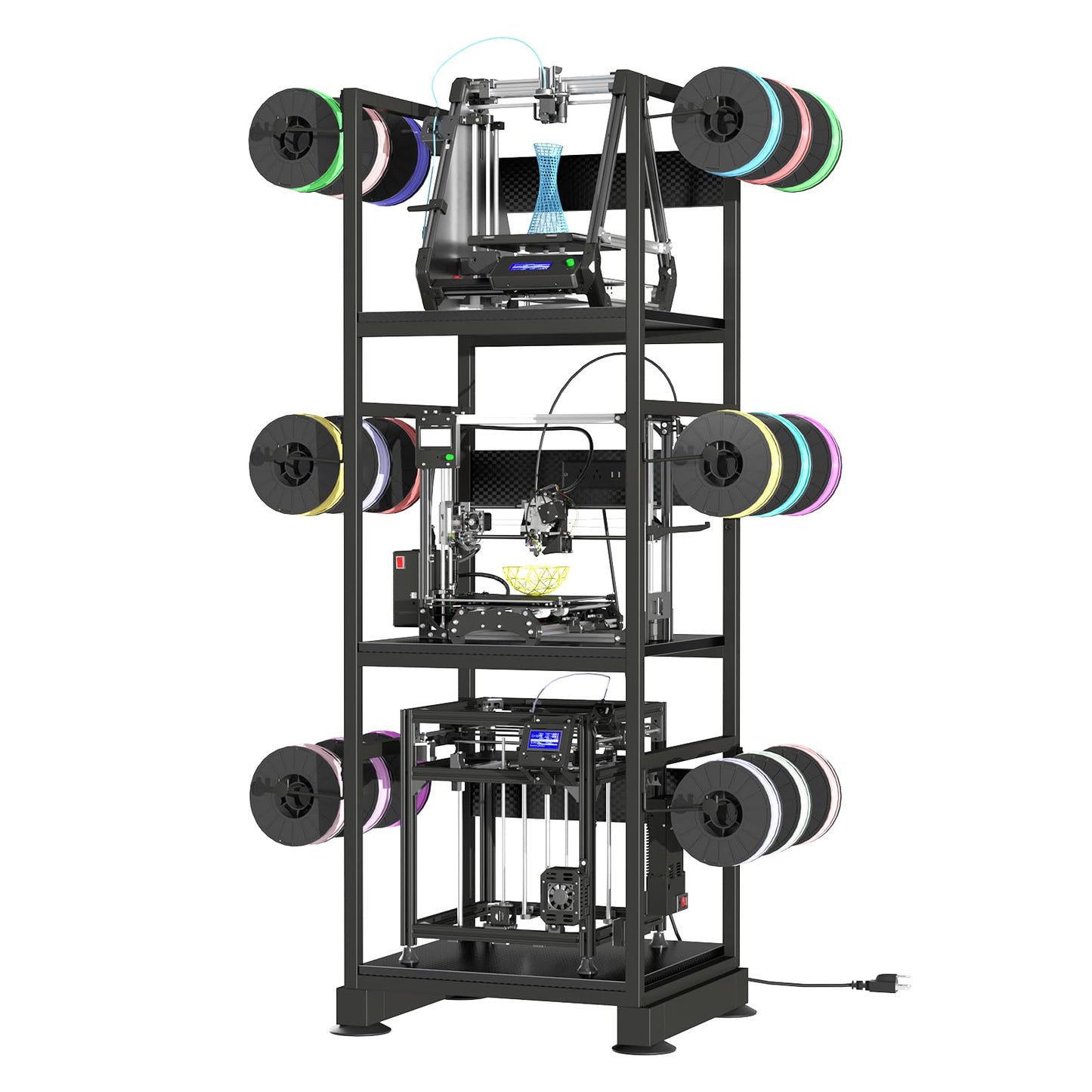 MILEFA 3DPrinter Stand with Filament Storage,3D Printer Rack with Power Outlet,Heavy-Duty 3D Print Storage Shelf for ABS/PLA/TPU Filament Spools,Perfect for 3D Printing Workshops,Carbon Fiber Black