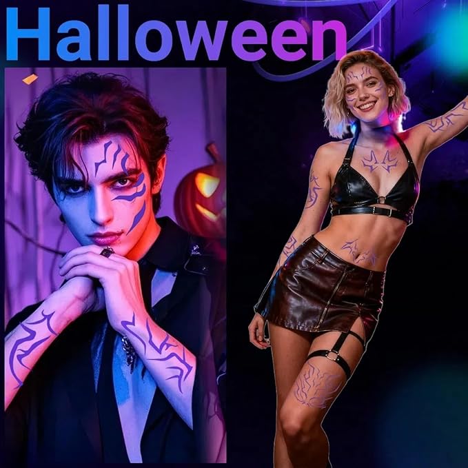 8PCS Halloween Korea-Pop Temporary Tattoo, Ombre Purple Tattoos Realistic Body Art for Hunter Costume, Cosplay, and Party Makeup