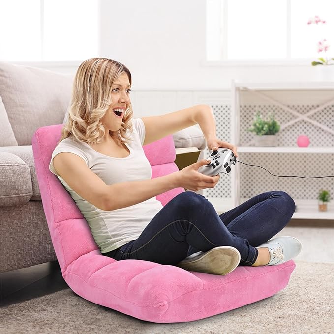 Folding Floor Chair w/Back Support, 14-Position Adjustable Lazy Sofa Chair w/Coral Velvet Fabric & Alloy Steel Frame, Portable Meditation Chair for Reading, Gaming,Sleeping (Pink)