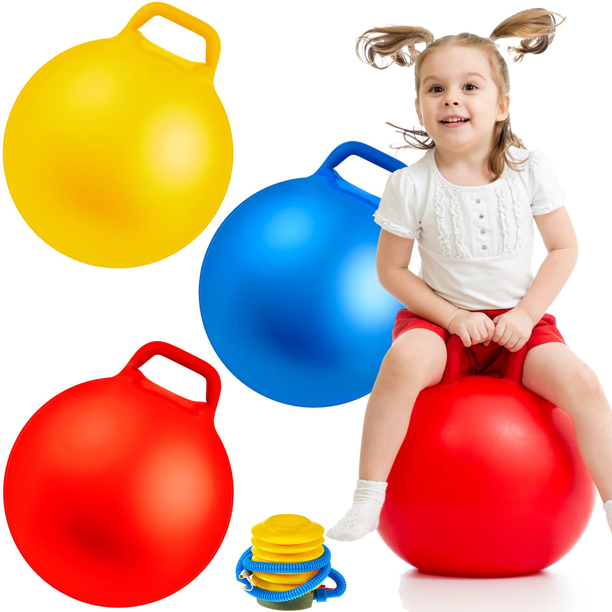 Lewtemi 3 Pcs 18 Inch Hopper Ball Large Jumping Bouncy Balls with Handles Kids Round Ball with Air Pump Bouncing Balls Hopping Toys for 6 Years Old and Above Children Boy Girl(Yellow, Blue, Red)