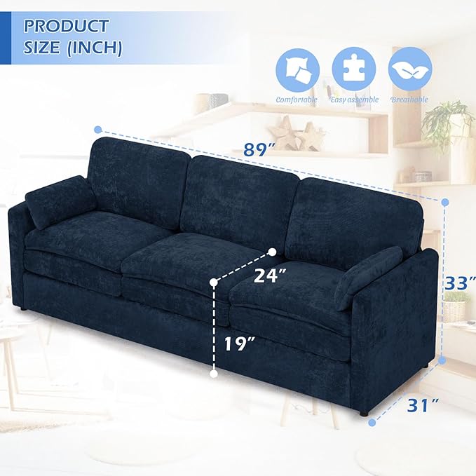 ACMEASE 3 Pieces Chenille Sofa Set w/Arm Pillows, Upholstered 2 Pieces Loveseat & 3 Seater Sofa w/Comfortable Back Cushions, Modern 2-Seat & 3-Seat w/High-Density Foam for Living Room, Blue