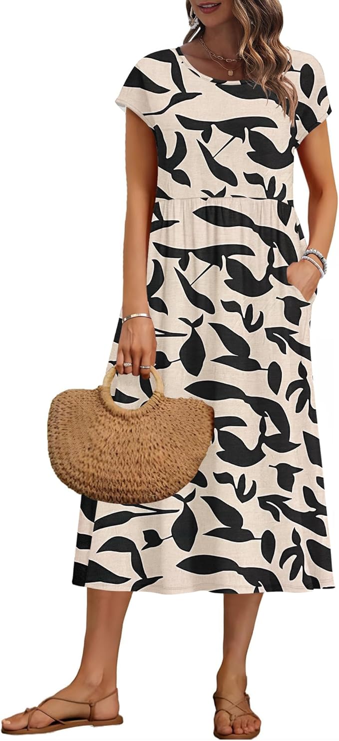 AUSELILY Women's Summer Short Sleeve Midi Dresses Round Neck Loose Dress with Pockets 2026 New