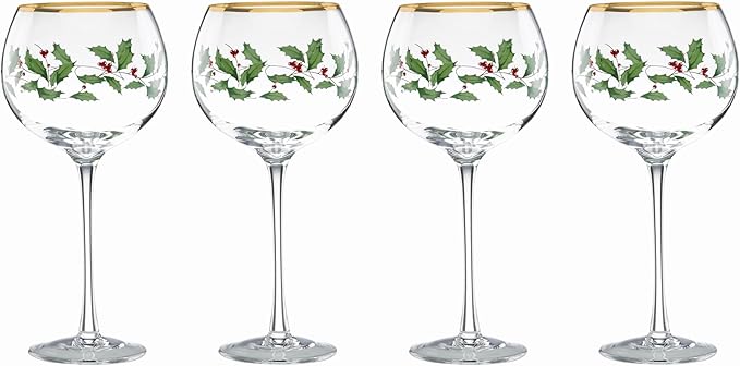 Lenox Drinkware, Holiday 4-Piece Wine Balloon Glass Set, Set Of 4, 14 Fl Oz Capacity, Made From Glass, Festive Red Christm...