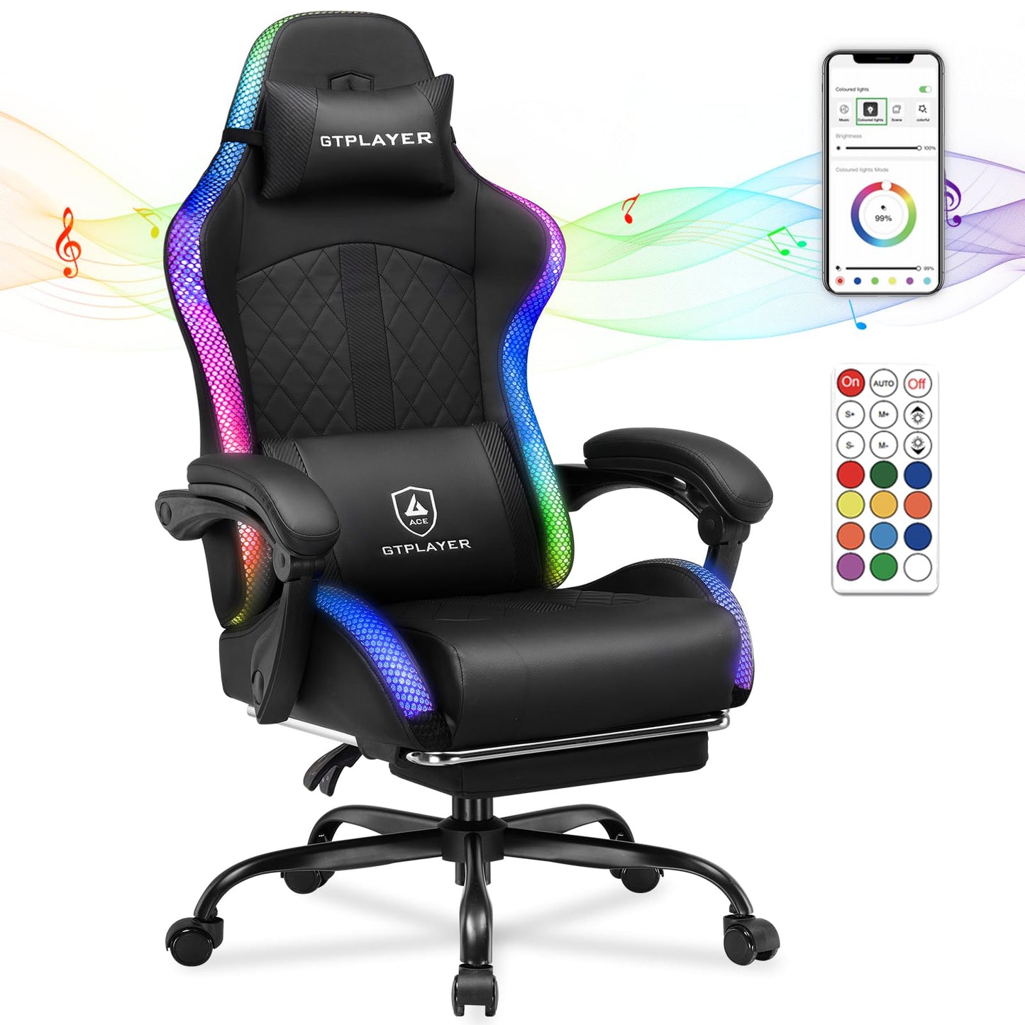 GTPLAYER RGB Gaming Chair with Speakers, Computer Gamer Chair with Footrest and LED Lights, PC Gamer Chairs for Adults, High Back Reclining Office Chairs, Linkage Armrest (Black, with Speakers)