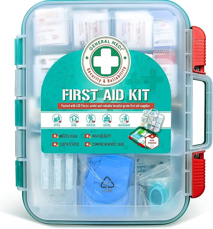 General Medi 420 Pieces Professional First Aid Kit - HardCase First Aid Box - Contains Premium Medical Supplies for Trave...