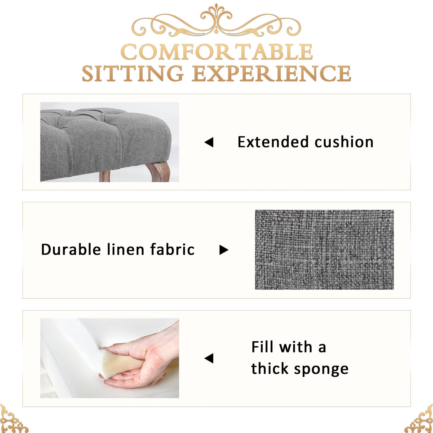 DAGONHIL Bedroom End of Bed Bench Entryway Footstool Window Bench Button-Tufted Footrest Vintage Bench Fabric Rubber Wood Indoor Bench Gray