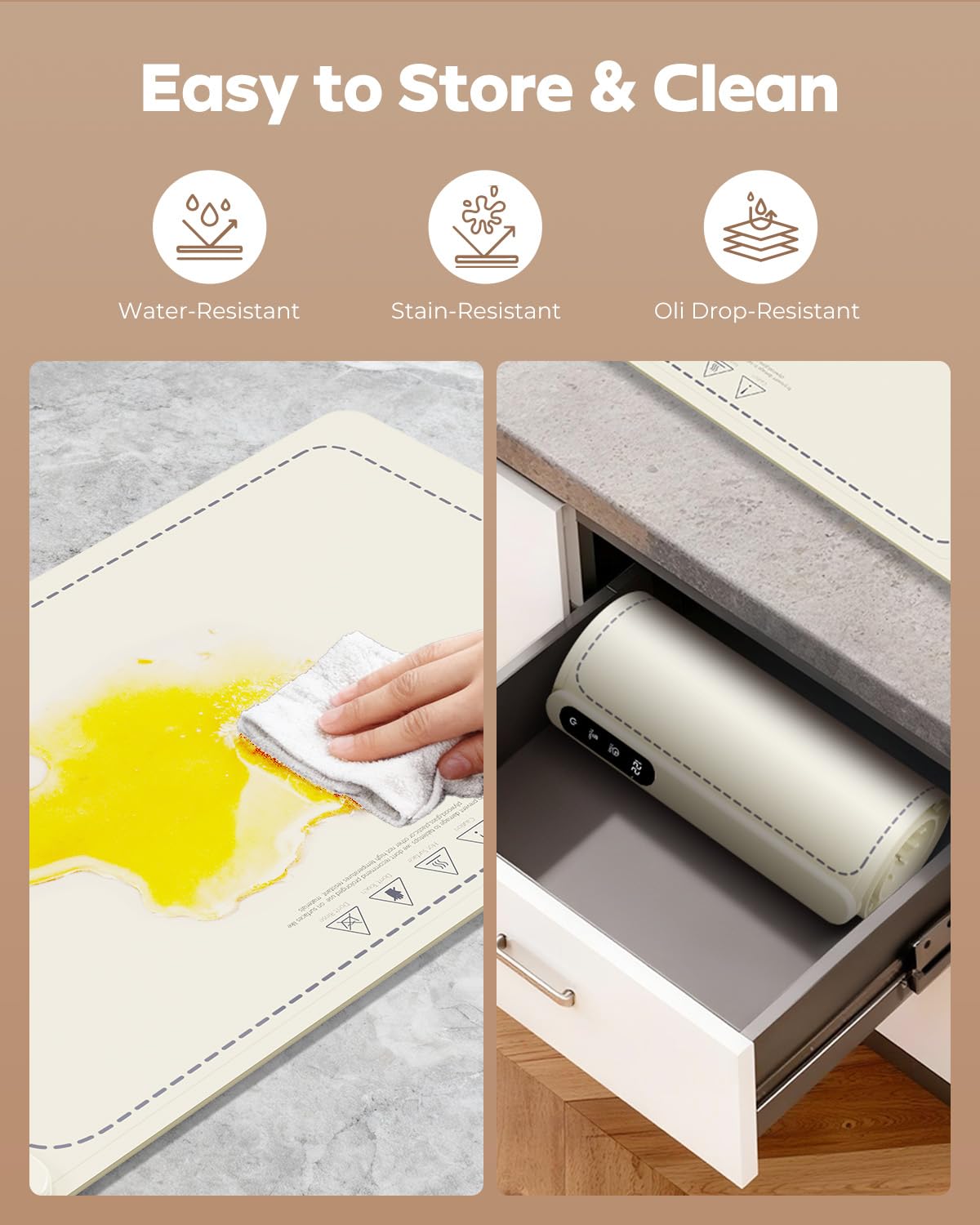 Food Warming Mat for Buffet,5s Full Surface Heating,Electric Warming Tray with 3m Power Cord,Roll Up Warming mat for Food,6 Level Adjustable TEM&6H Timer,Auto-Off (Beige, 23.6"×14.5"×0.47")