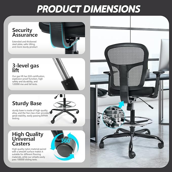 Drafting Chair, Tall Office Chair Ergonomic Standing Desk Chair,Rolling Desk Chair with Adjustable Armrest & Foot Ring,SGS Certified Gas Cylinder,High Rebound Sponge. (Black)