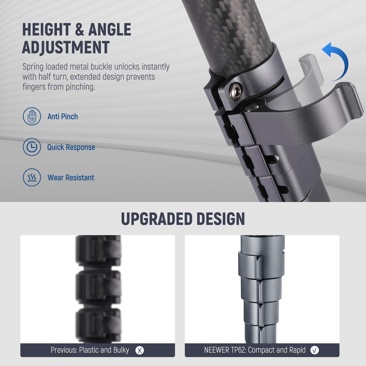 NEEWER LITETRIP LT32 62" Travel Tripod Carbon Fiber with ±15° Leveling 360° Panorama Head, Detachable Center Axis, Fast Flip Buckle, Arca QR Plate Compatible with PD, (Former TP62)