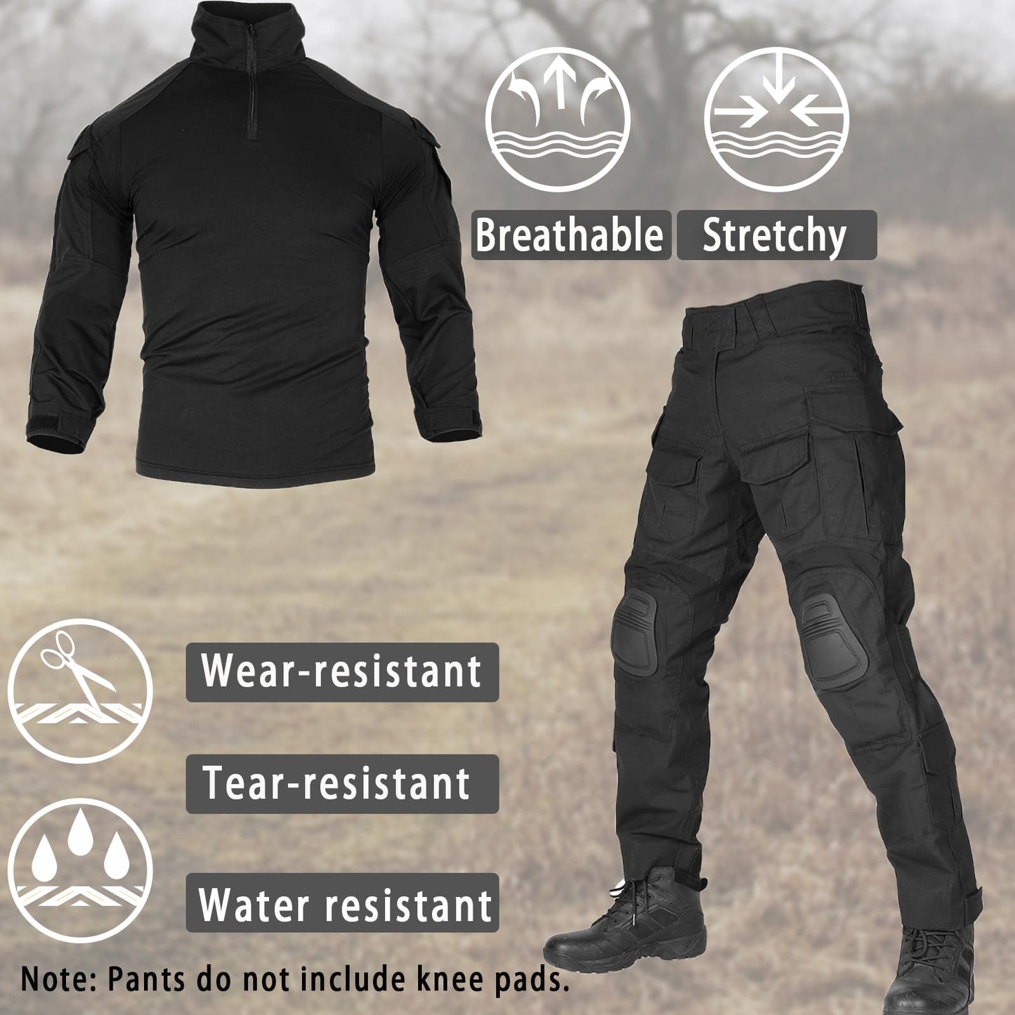 YKS JOOB Mens G3 Combat Uniform Set Tactical Combat Shirt and Pants Suit Hunting Paintball Airsoft Apparel Black S