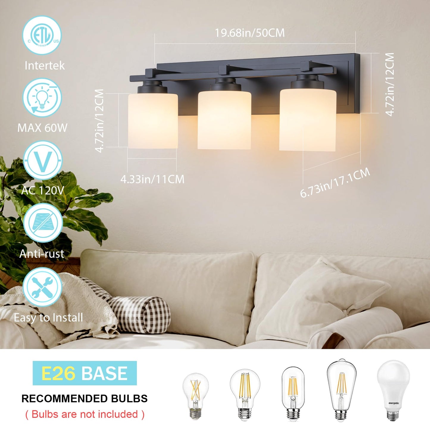 BrkNit 3 Light Modern Bathroom Light Fixtures Over Mirror, Black Vanity Lights for Bathroom Wall Sconces with Milky White Glass Shades, E26 Socket (Bulbs Not Included)
