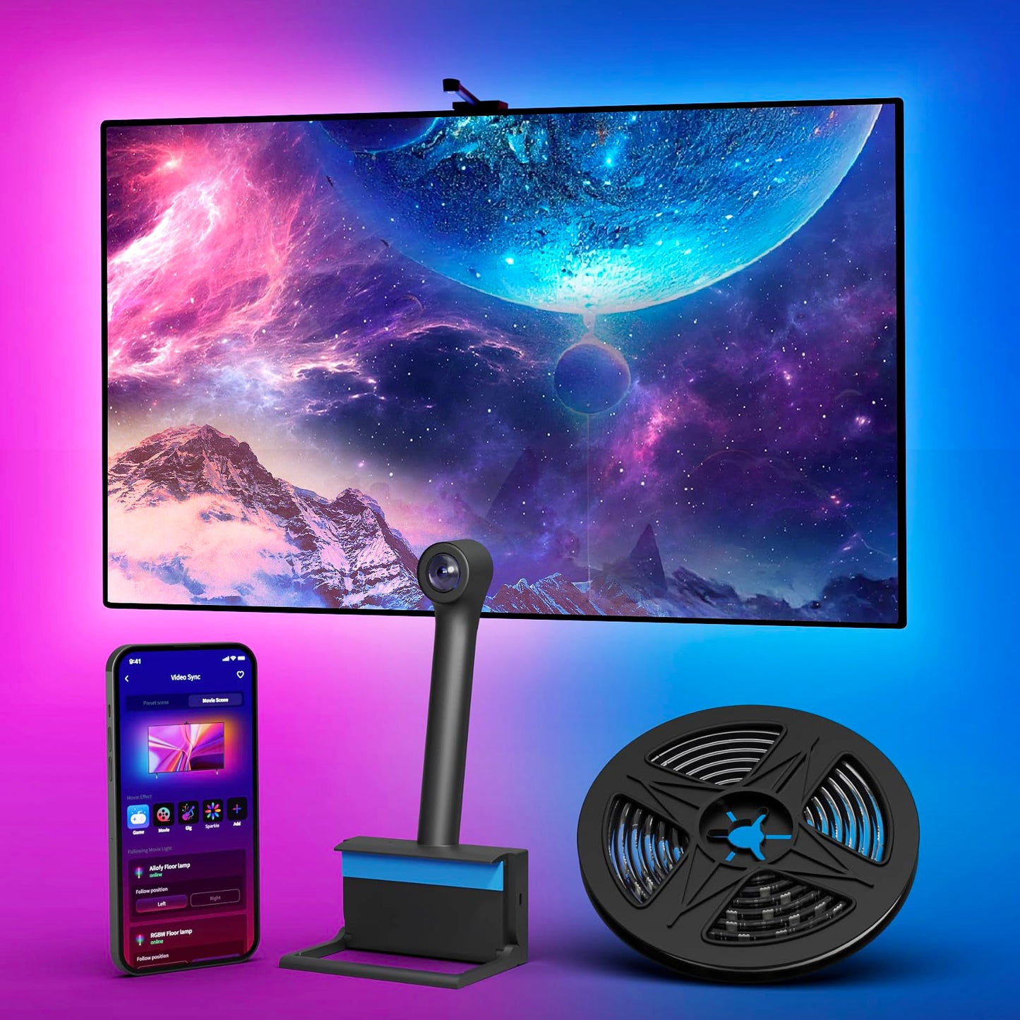 Ailofy Smart TV LED Backlight with Camera for 75-85 inch Screens, 16.4ft LED Strip Lights Sync to Screen& Music, Color Changing Lights for TV Compatible with Alexa & Google Assistant, App Control