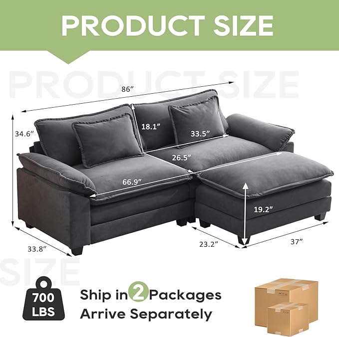 Oprisen 86" Modular Sectional Sofa, Comfy Cloud Couch Sectional Sofa with Ottoman, Velvet Sofa Sleeper Deep Seat Sofa with Throw Pillows for Living Room (Blue Gray, 86"- L Shape)