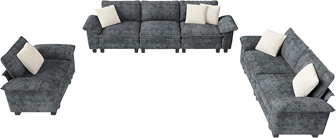 MIXPATIO U-Shaped Cloud Modular Sofa Set, Deep Seat 3-Piece 6-Seater Sectional Couch & Removable Arms, Plush Chenille for Living Room - Cyan