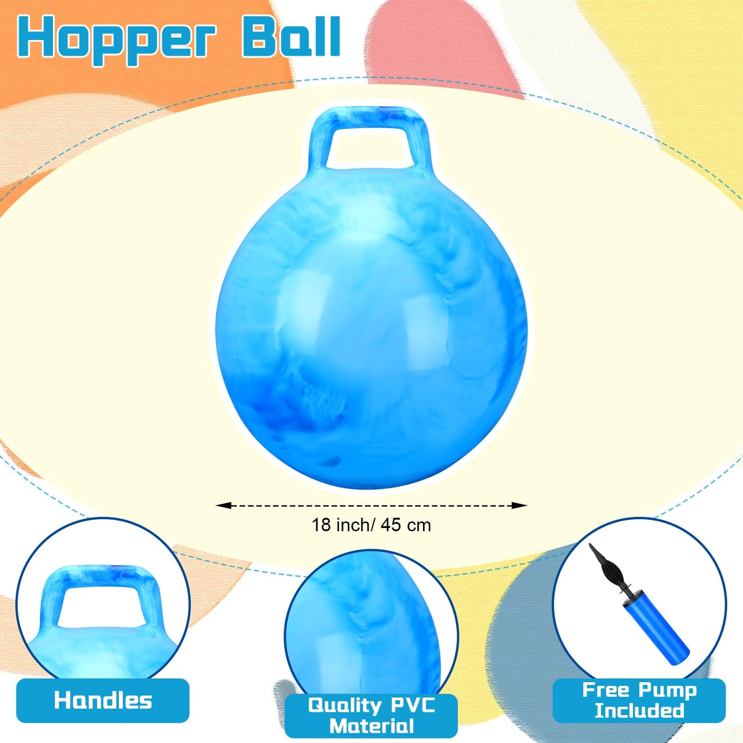 Poen 3 Pcs 18 Inch Hopper Inflatable Bouncy Ball with Handle Hippity Hop PVC Jumping Hopping Ball with 1 Air Pump for Kids Toddler Boys Girls Gifts Games(Red Blue Green)