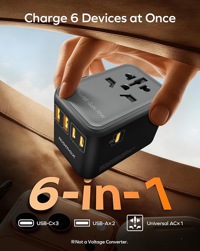 MOMAX 70W Universal Travel Adapter, 6-in-1 GaN International Power Adapter for Laptop, Phone, 3 USB-C PD & 2 USB-A QC Wall Charger, European Travel Plug Adapter for UK/US/AUS/JP, Travel Essentials