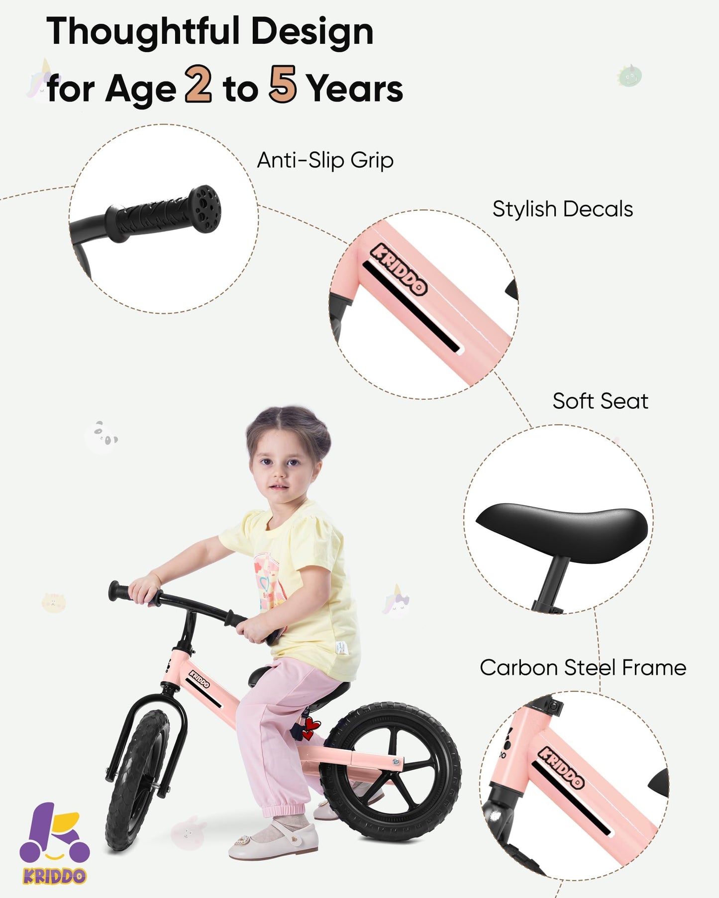 KRIDDO Toddler Balance Bike 2 Year Old, Kids Balance Bike for 2-5 Years Old, Dual Bearing for Smoother Riding, Adorable Plate, Adjustable Seat and Handlebar, Toddler Bike Gifts Age 2-3