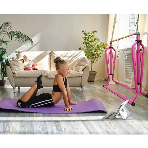 GLANT Gymnastics Bar for Kids with Rings Set, 7 Heights Adjustable Easy Folding Gymnastic Training Bar Kids Monkey Horizontal Bars - Max Load 300LBS (Pink)