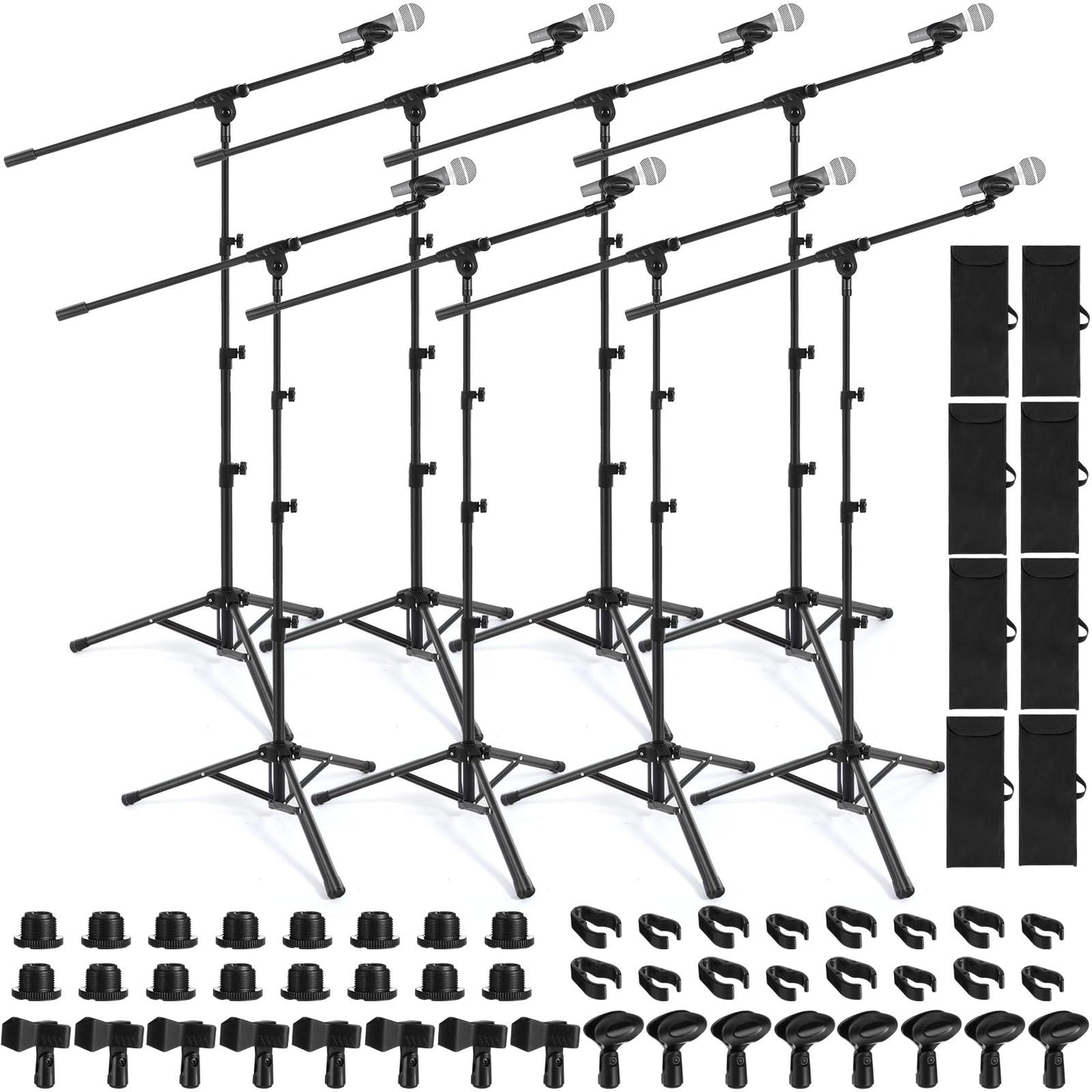 Relaxweex 8 Pcs Tripod Microphone Stand Boom Arm Floor Mic Stand Adjustable Height 26-67 Inch With 8 Carrying Bag And 16 Mic Cli