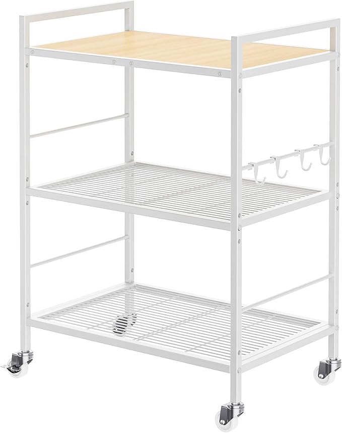XIVIRACK 3-Tier Metal Storage Rack with Industrial Wheels,Mesh Shelving Unit with Wooden Table top,Adjustable Shelf,23.6-Inch Width,15.8-Inch Depth, for Kitchen, Laundry,Pantry,Plant,white