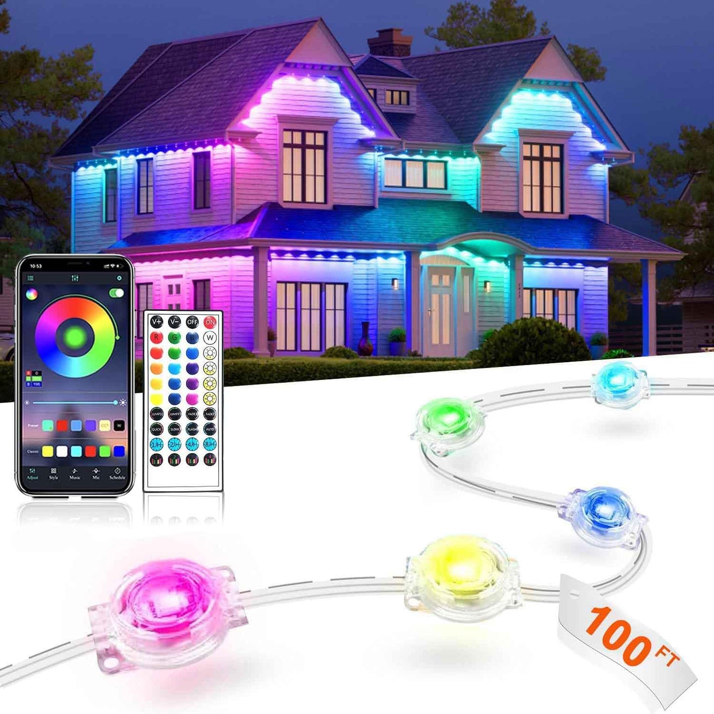 Permanent Outdoor Lights for House,100ft RGB+IC Smart Outdoor Decor,DIY Scene Modes, App/Remote Control,IP67 Waterproof, for Christmas,Holiday, Daily & Pool Party Decor, House Roof Lighting