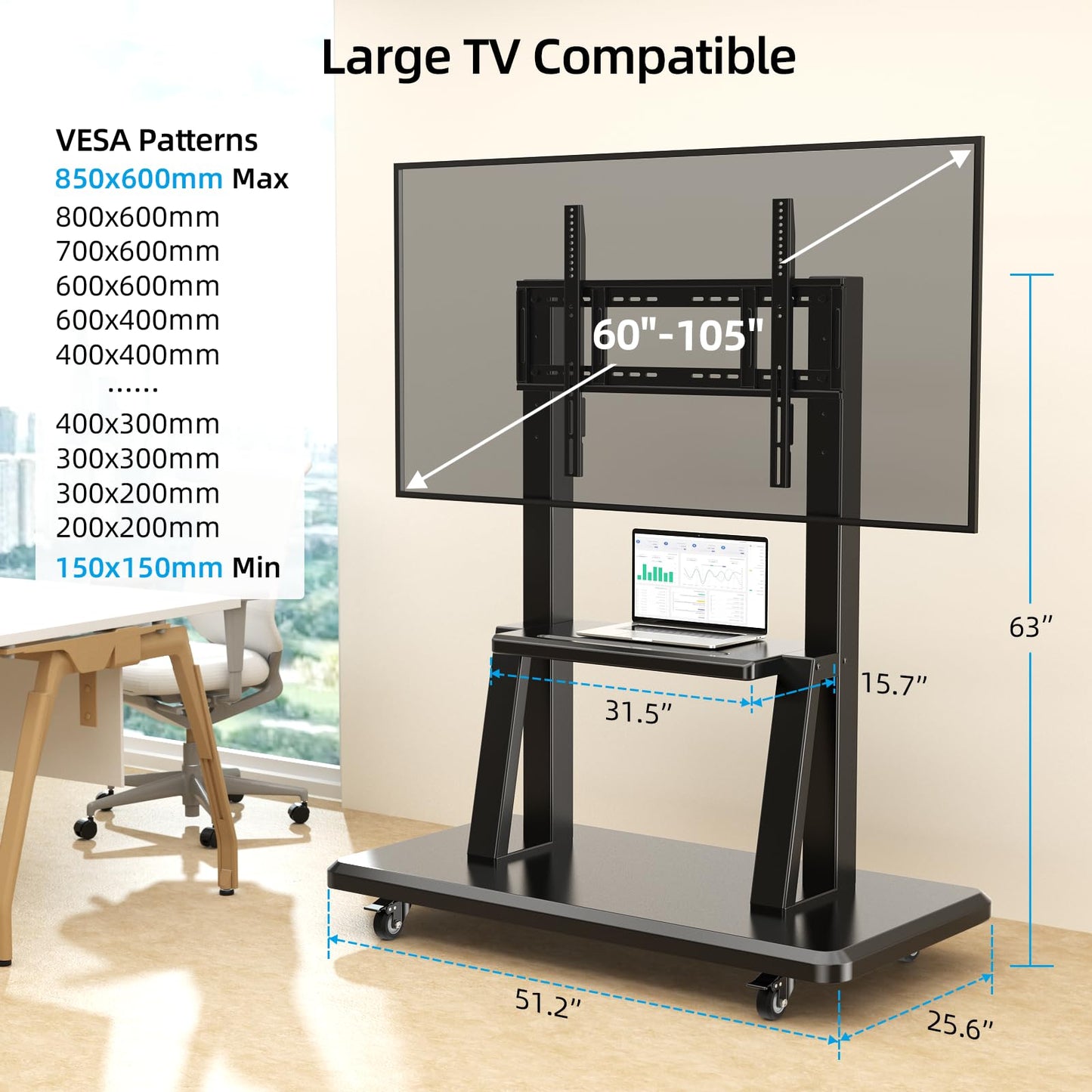 Heavy Duty Rolling TV Mount Stand for 60-105 Inch TVs up to 386 lbs, Smart Board Stand for Interactive Whiteboard, Mobile TV Cart with Storage Shelves on Wheels, Height Adjustable, Max VESA 850x600mm