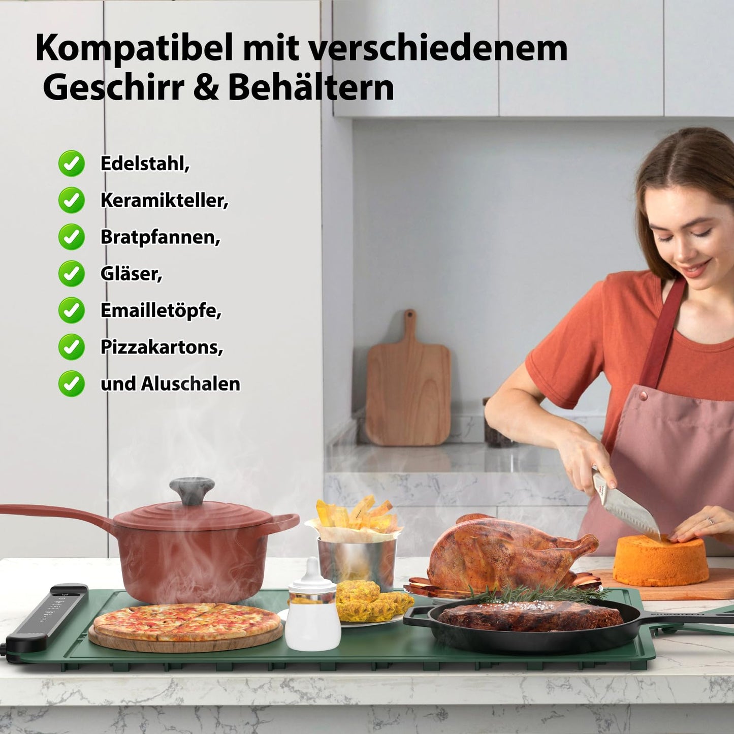Food Warming Mat Electric Tray: Adjustable Silicone Heating Pad with 3 Temperature Settings 4 Timer Function Portable Roll Up Hot Plate for Buffets Party Gatherings Kitchen Warmer Countertop Green