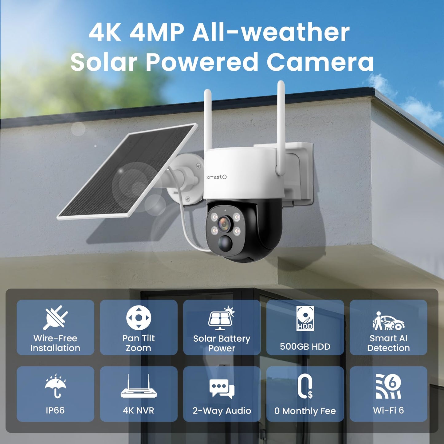 xmartO Solar Camera Outdoor Wireless, 4 PCs QHD 4MP PTZ AI Tracking Security Camera System with 4K 10CH Expandable WiFi NVR, All-Weather Solar Charge, 2-Way Audio, PIR Sensor, No Monthly Fee, 500GB