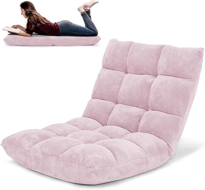 COSTWAY Floor Chair, Video Gaming Chairs with Back Support, Adjustable 14-Position, Alloy Steel Frame, Soft Coral Fleece, Lazy Sofa Lounge for Reading Living Room Recliner for Adults Kids (Light Pink)