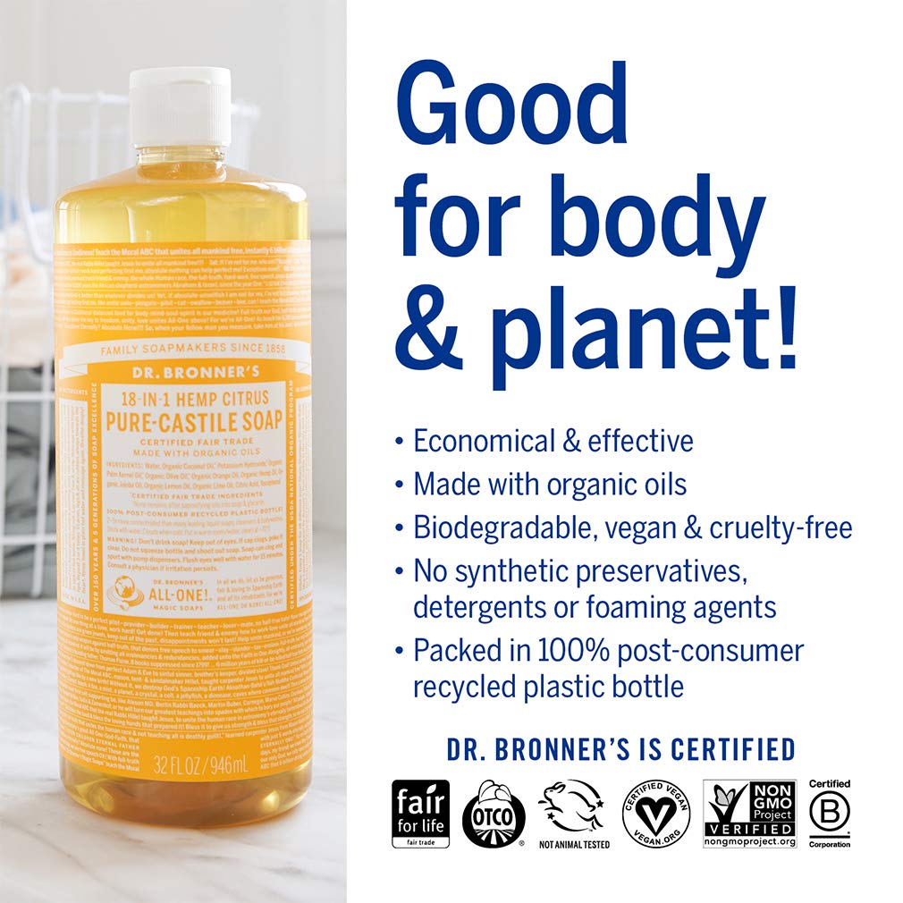 Dr. Bronner's Pure-Castile Liquid Soap - Citrus Bundle. 32 oz. Bottle and 2 oz. Travel Bottle