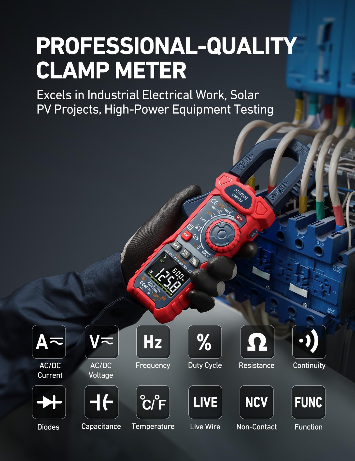 AstroAI Inrush Digital Clamp Meter Multimeter 1000A TRMS 6000 Counts, Amp Voltage Tester with VFD, LOZ Mode; Measures AC/DC Current Voltage Temperature Resistance Capacitance Frequency Continuity NCV