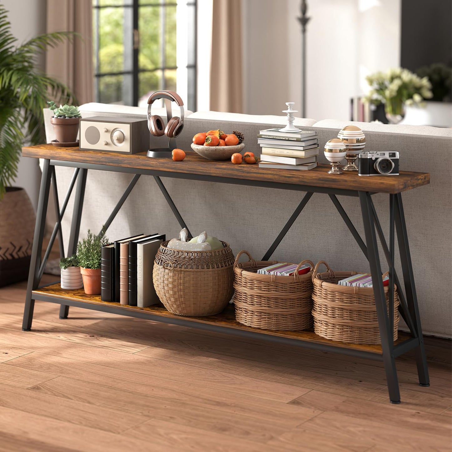 Rovibek 70.9 Inches Extra Long Sofa Table Narrow - Behind Sofa Table with X-Shaped Support, Industrial Console Table Entryway, Hallway Table for Entryway, Living Room, Brown