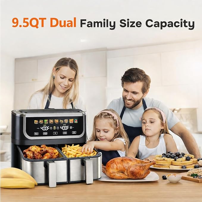 Simple Deluxe 9.5-Qt Dual Basket Air Fryer, 10-in-1 Digital Preset Airfryer, Sync Cook, Independent Temp Control, Shake Reminder, Nonstick Basket, Black
