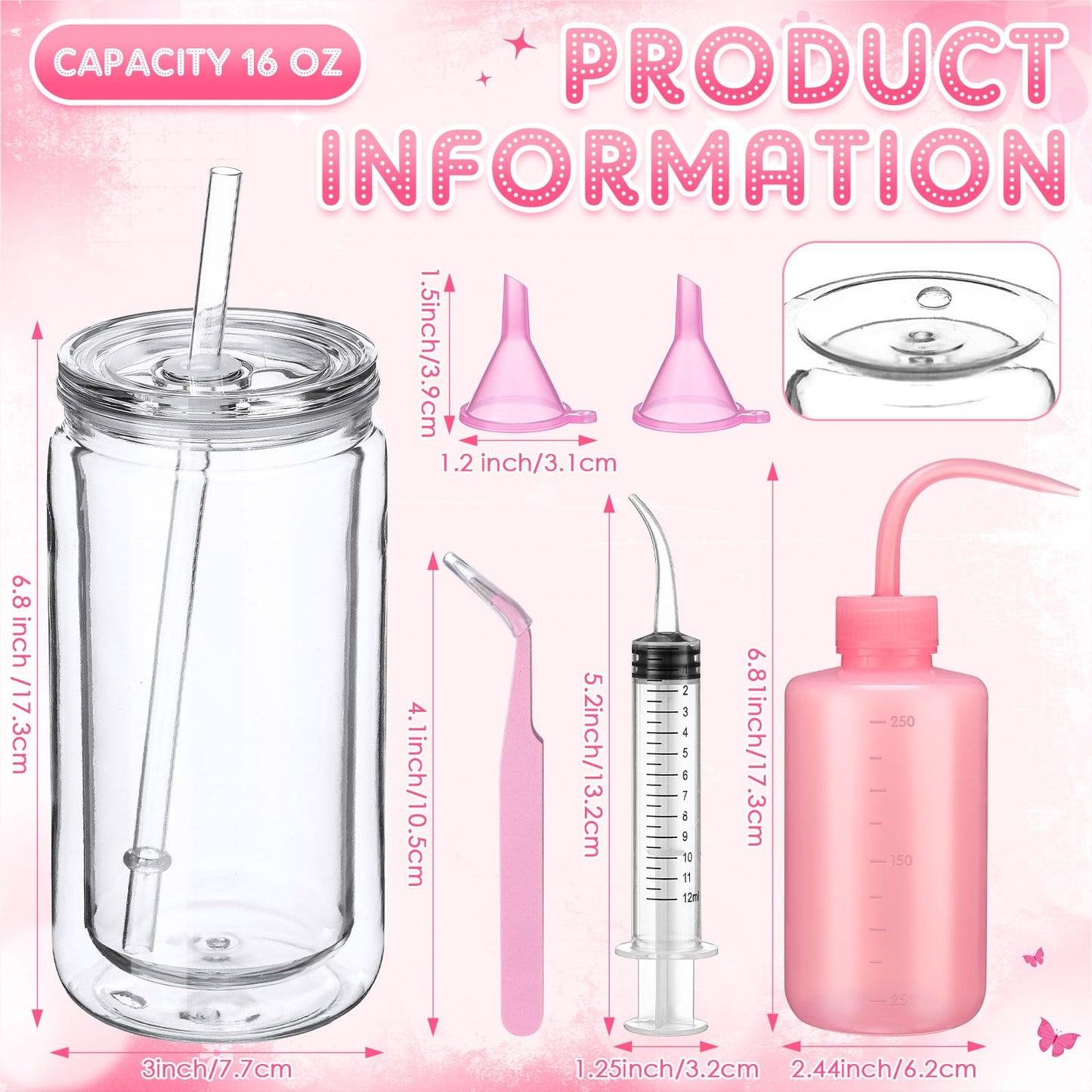 Teenyyou 6 Pack Plastic Snow Globe Tumbler 16 Oz Pre Drilled Double Wall Clear Cups with Lid and Straw Squeeze Bottle Funnel Tweezer Bent Syringe for Glitter Snow Globe DIY Cup Making Supplies